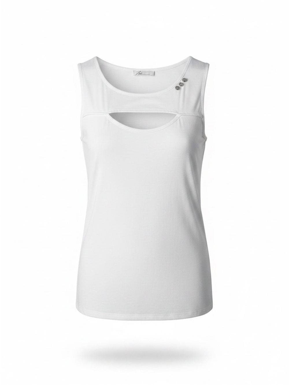 White Cutout Sleeveless Tank with Decorative Shoulder Buttons - Picture 1 of 6
